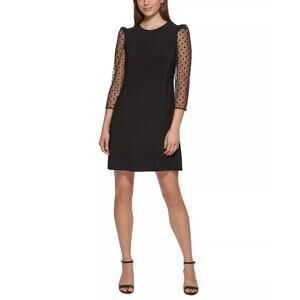Jessica Howard Mesh Puff Sleeve A Line Dress Black Women 14 NWT